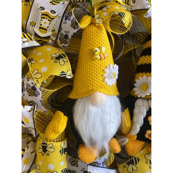 Bee Gnome Wreath Yellow Black White Mesh Bow Front Door Summer Decor 24” - Picture 3 of 7